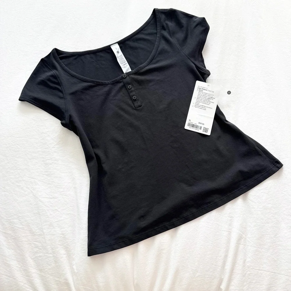 Lululemon Cap-Sleeve Henley T-Shirt Black Pima Cotton Fitted Top NWT XL